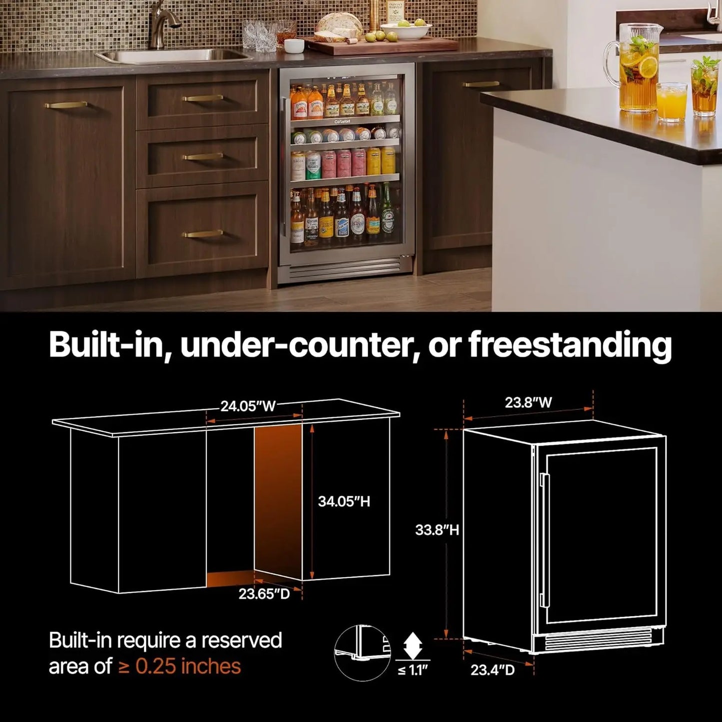 Beverage Refrigerator 24 Inch, 180 Cans Mini Fridge with Double Glass Door, Built-in or Freestanding Drink Cooler with, Custom