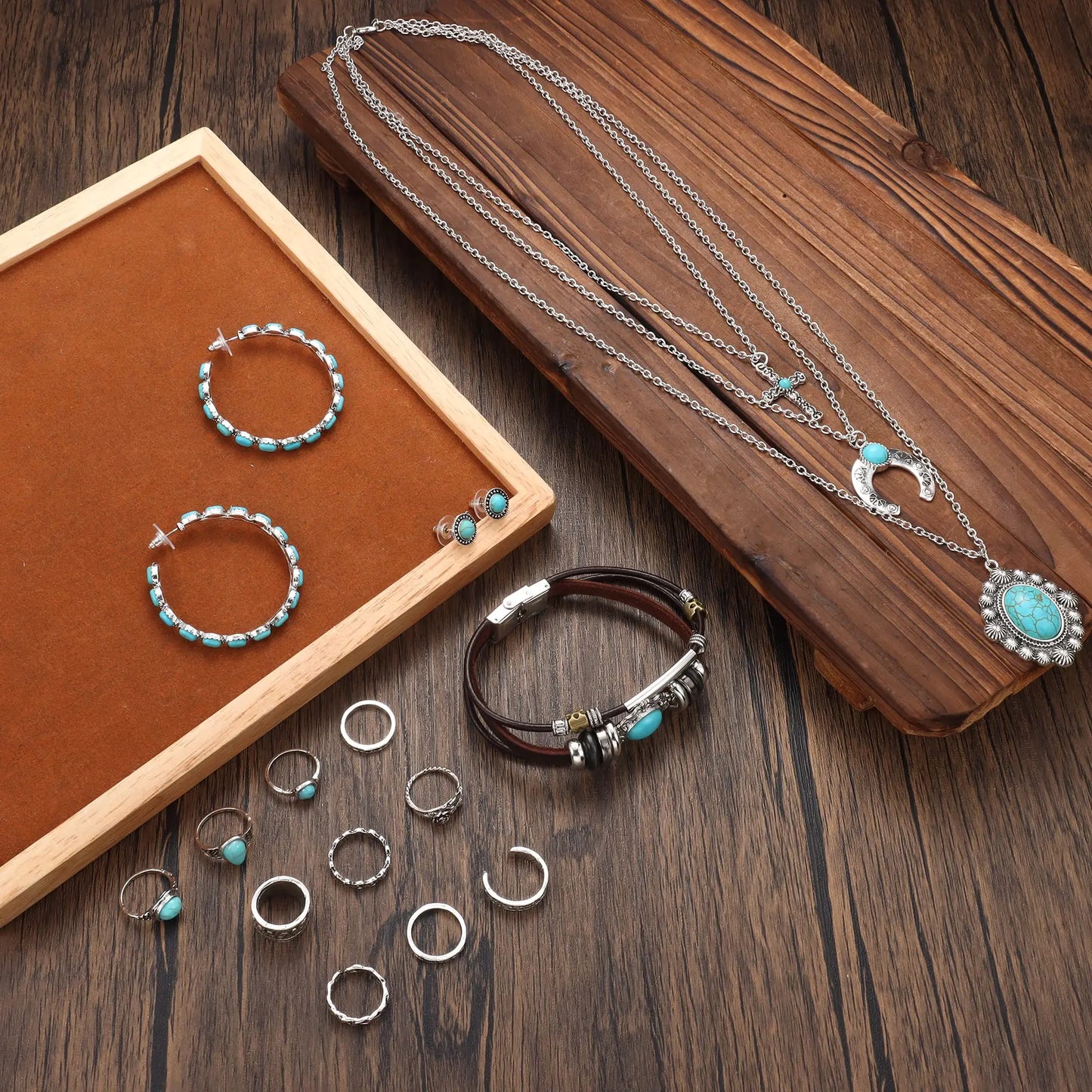 Turquoise Jewelry Set For Women Men Pendant Necklace Western Dangle Earrings Faux Leather Bracelets Boho Rings Set Jewelry Gift
