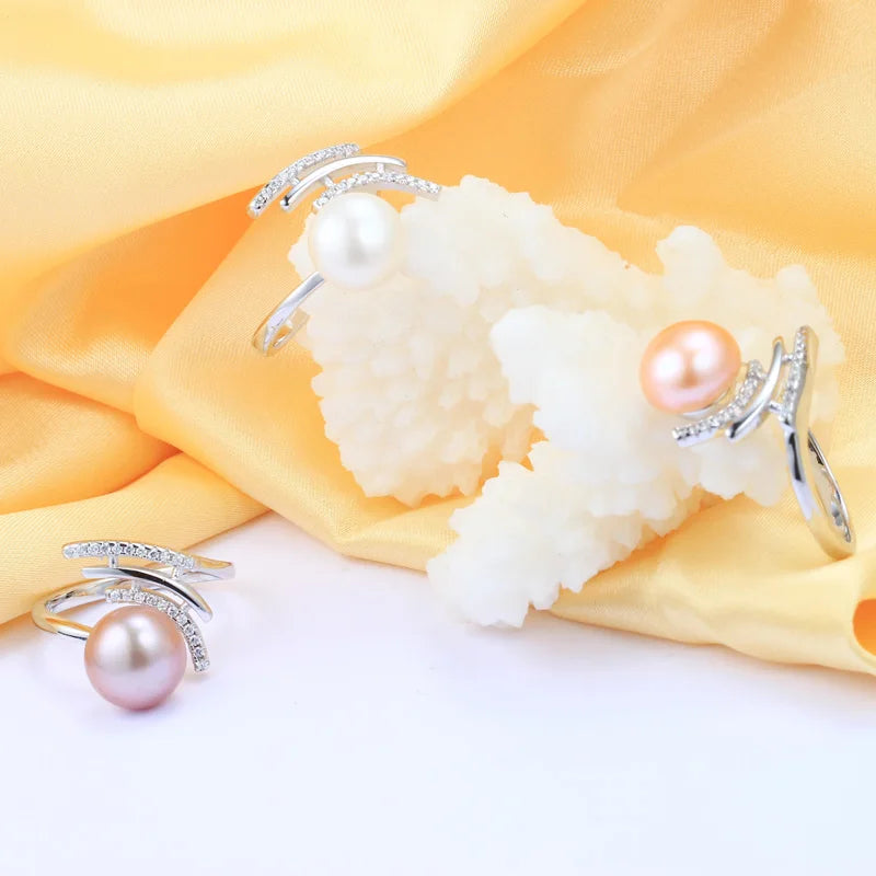 YWYC 8-9mm Natural Freshwater Pearl Rings for Women 925 Sterling Silver Crystal Zircon Adjustable Rings Jewlery Gift Wholesale