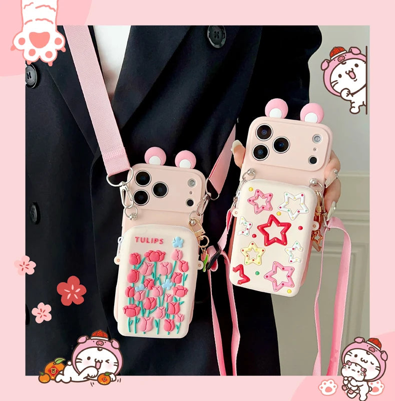 For iPhone 17 16 15 14 13 12 11 XR Xs 6 6s 7 8 SE Pro Max mini Plus e Tulip Star Wallet Case With Accessories