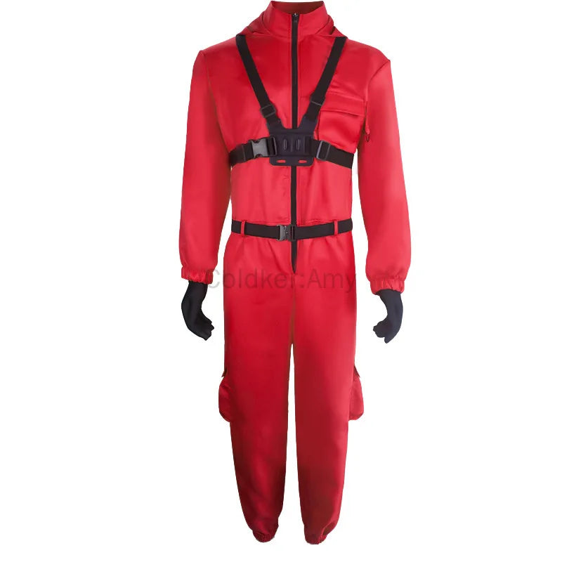 Halloween Cosplay Outfit TV Game Adult Kids Pink Red Jumpsuit Costume Set with Gloves Suspenders Role Play Party Wear for Boys