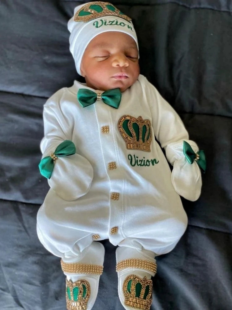 Dollbling Baptism Outfit Boy Prince Luxury Bling Christening Coming Home Romper Bonnet Set Mittens Nursery Hospital Clothing set