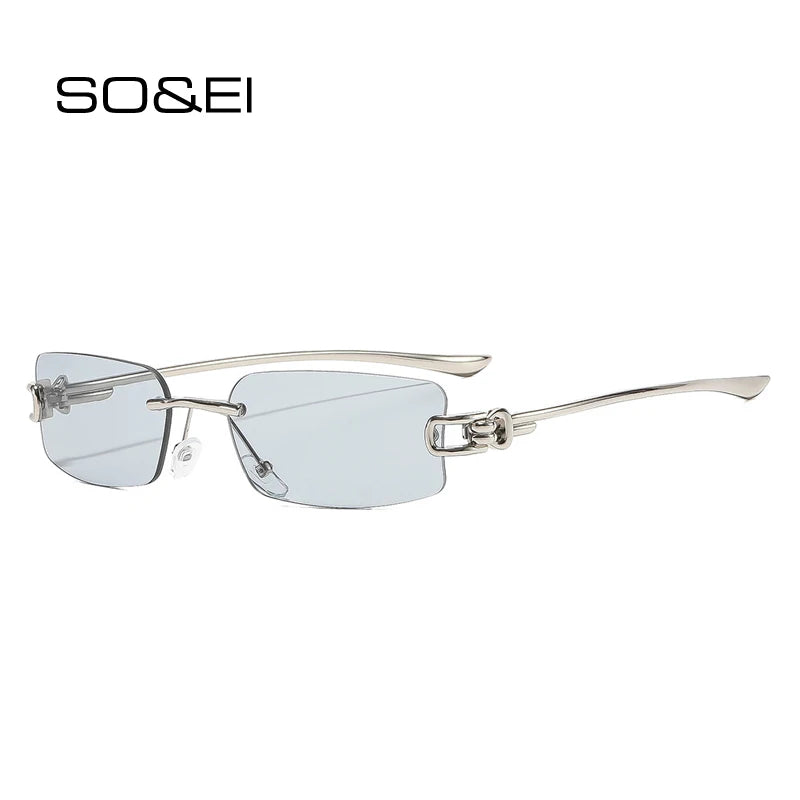 SO&EI Ins Popular Fashion Rectangle Rimless Sunglasses Women Retro Clear Ocean Lens Shades UV400 Men Trending Sun Glasses