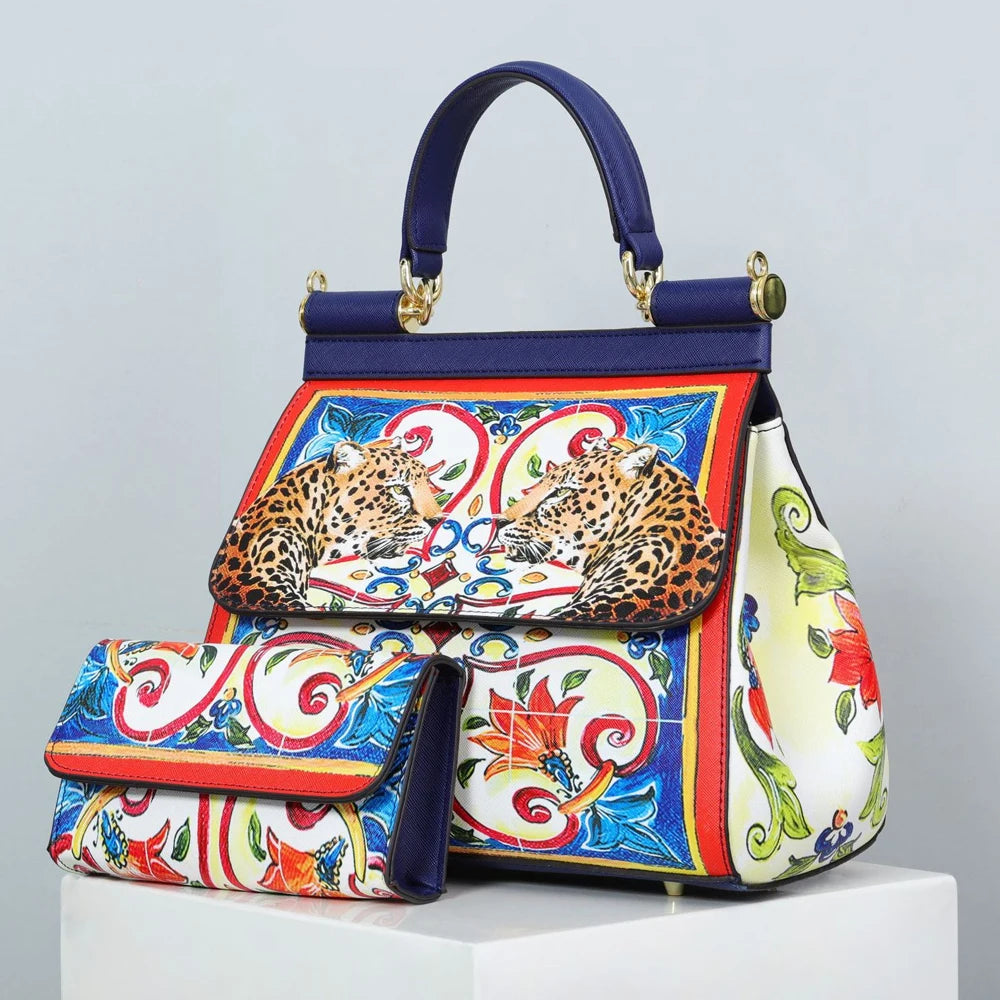 Luxury Women Bags Leather Vintage Painting Art Purse Handbags Girl Shoulder Bag Fashion Cross Body Messenger Bag Female Totes