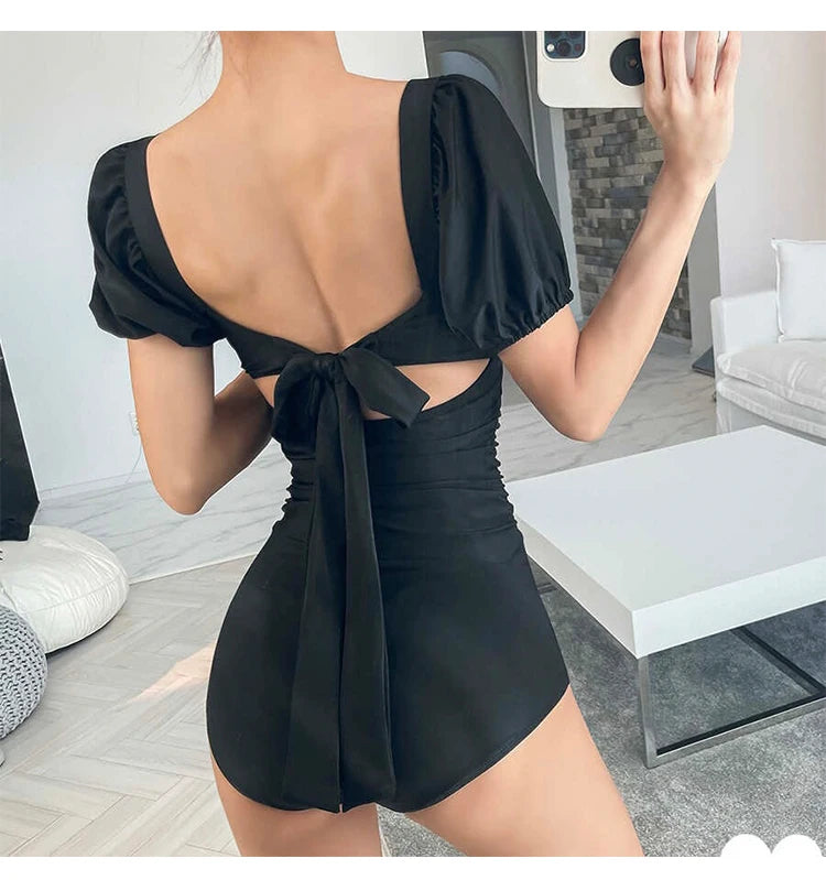 2026 New Women's One-Piece Swimsuit Short Sleeve Thermal Spring Soaking Slimming Waist Cinching Small Chest Student Tie-Bind