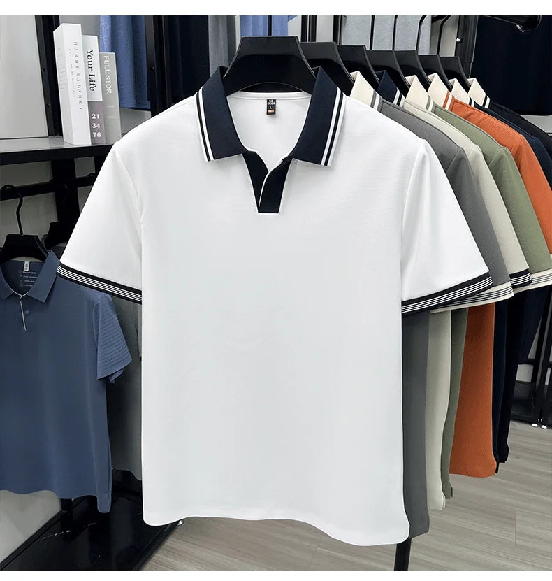 Light luxury summer new short sleeve polo shirt silky breathable high-end men's fashion personalized color blocked lapel T-shirt