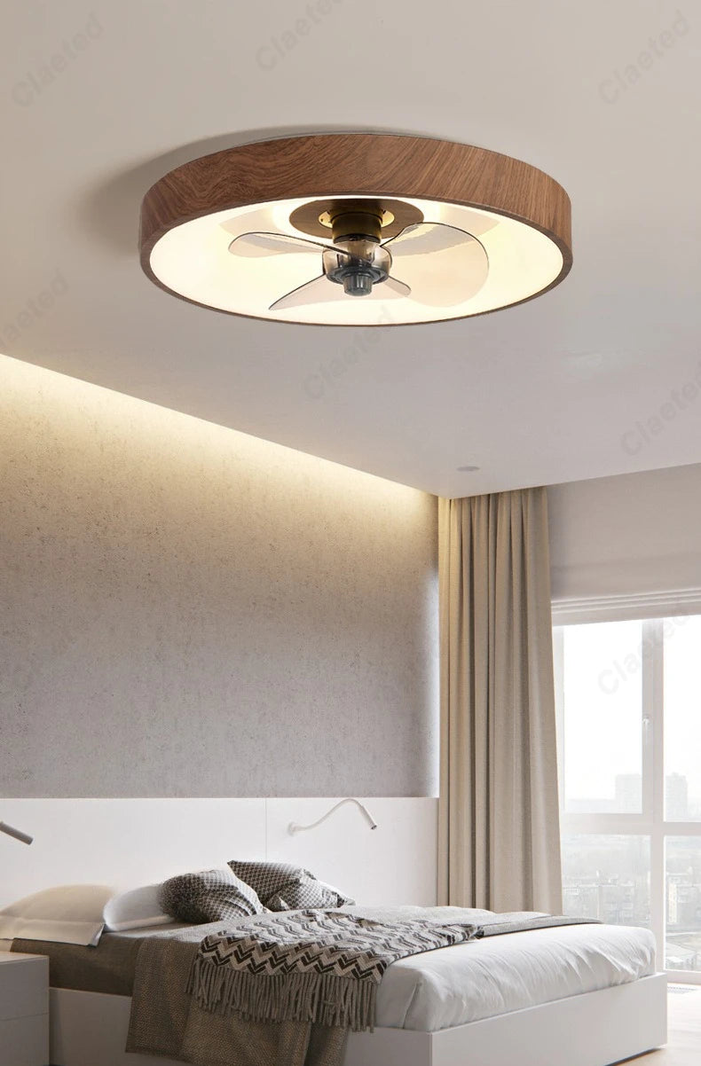 Modern Minimalist LED Living Room Dining Room Study Bedroom Fan Lamp Walnut Color