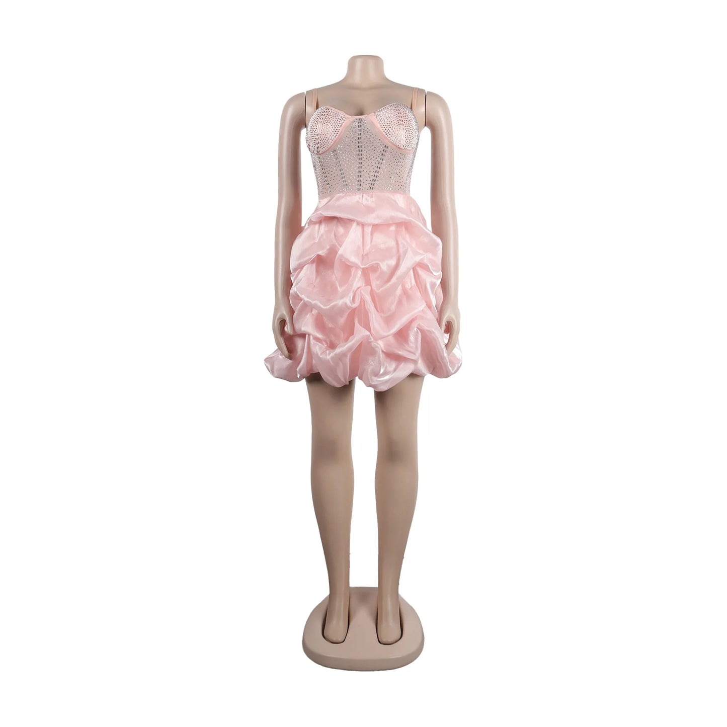 HBLL Sexy Rhinestone Bodycon Ruched Puff Suspenders Dresses Women Sheer Mesh Birthday Party Night Clubwear Summer Dresses Robes