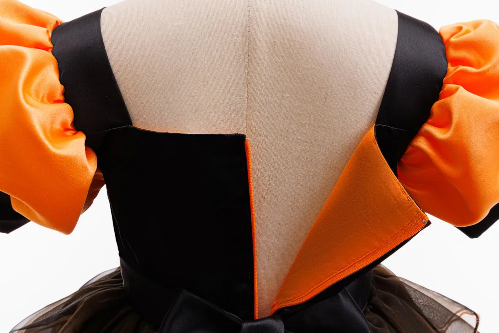 Girls Halloween Witch Costume Puff Sleeve Orange Black Layer Tulle Tutu Dress Kids Pumpkin Cosplay Outfit With Witch Headband Pu