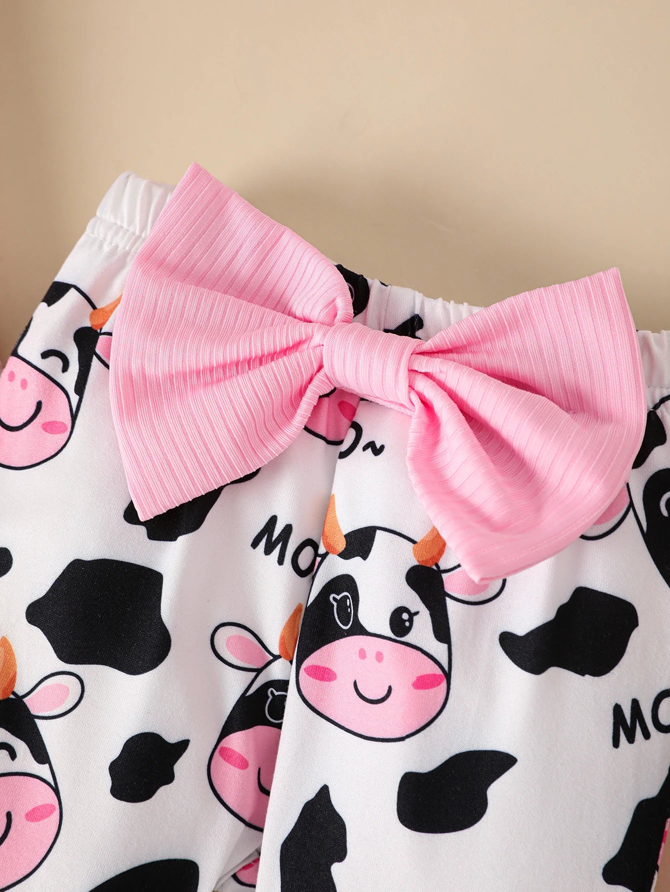 Baby Girl Pink Bodysuit, Cow-Print Flared Pants & Bow Headband Set
