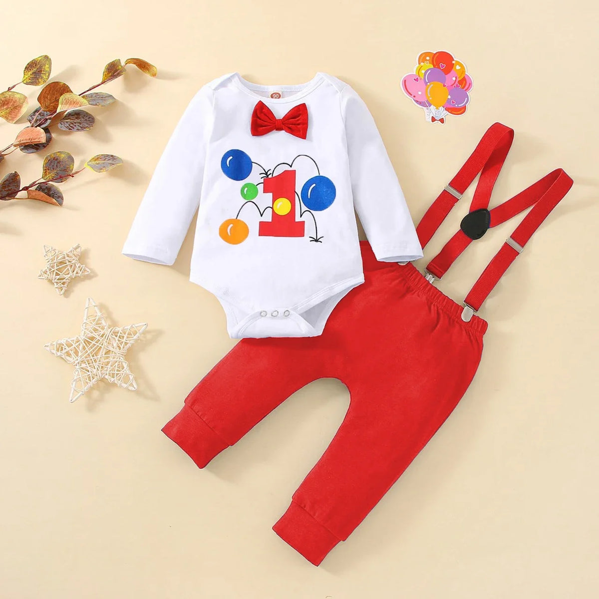Prowow Baby Boy Cake Smash Outfits Balloon Letter"1" Romper and Y-back Strap Pants 3pcs Sets Baby Boy One Year Birthday Clothes