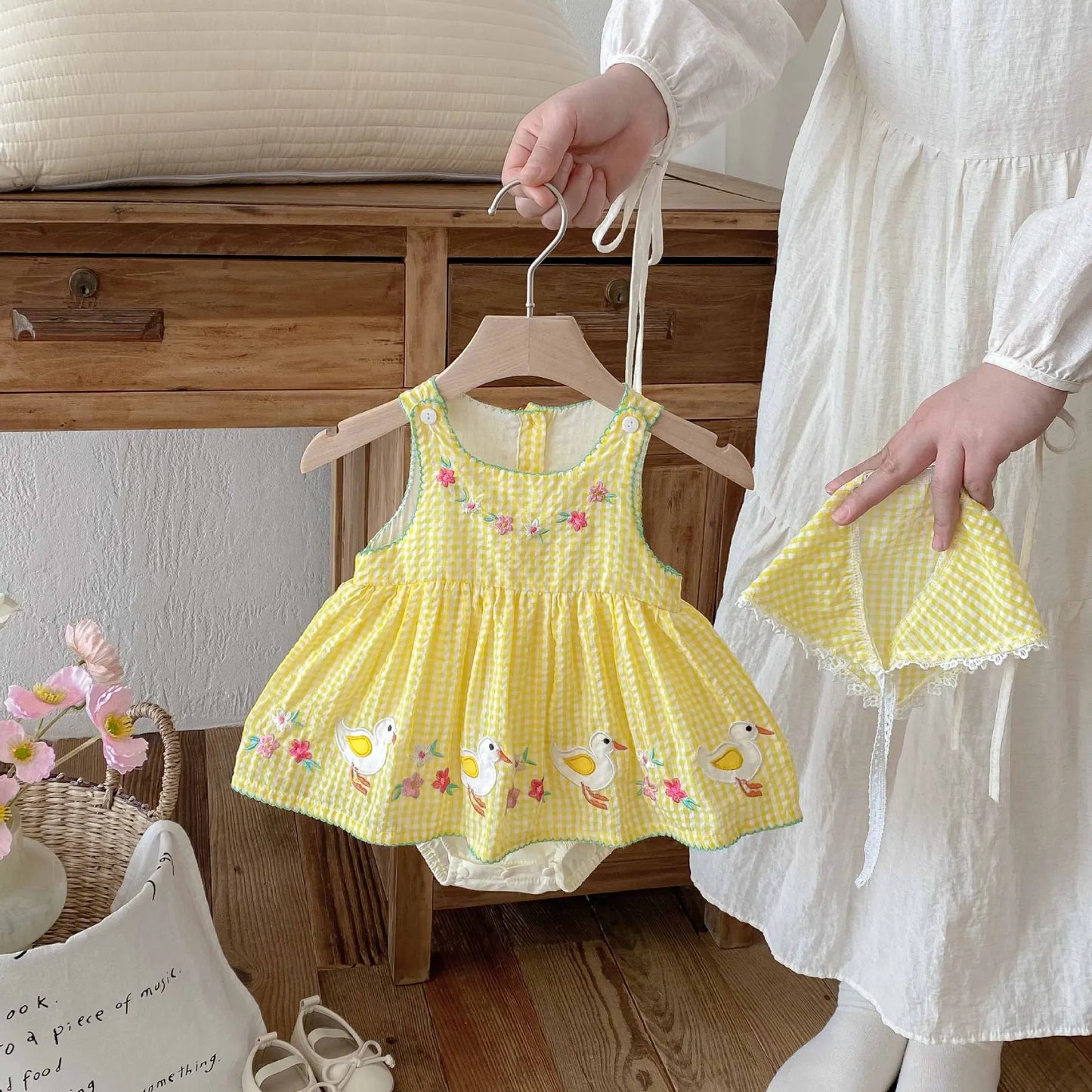 Baby Girl Summer Stylish Sweet Thin Class A Cotton Romper Dress - Cute Cartoon Duck Pattern Yellow Checkered Sleeveless Onesie