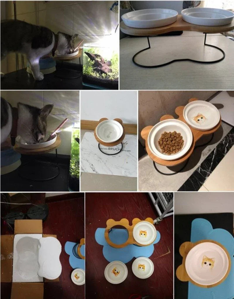 Ceramic Cat Bowl Cat Food Feeder Dog Bowls Drinking Water Bowl Cervical Protection Pet Supplies Ceramic Double Cat Bowls