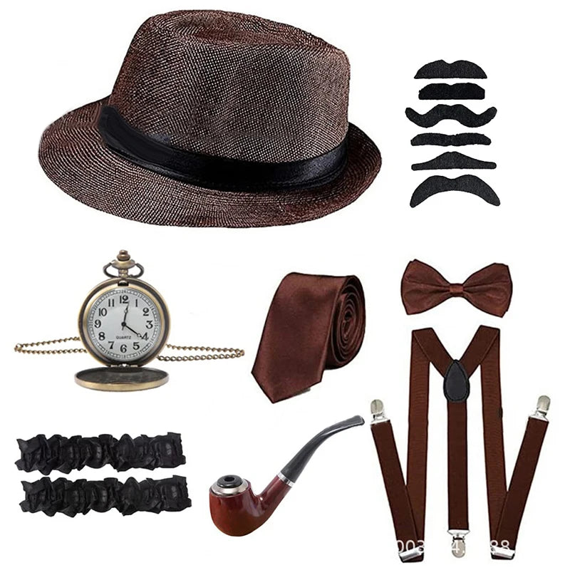 Halloween 1Set 1920's Cosplay Costume Hat Pocket Watch Neck Tie Moustache Bowtie Gatsby Masquerade Accessories
