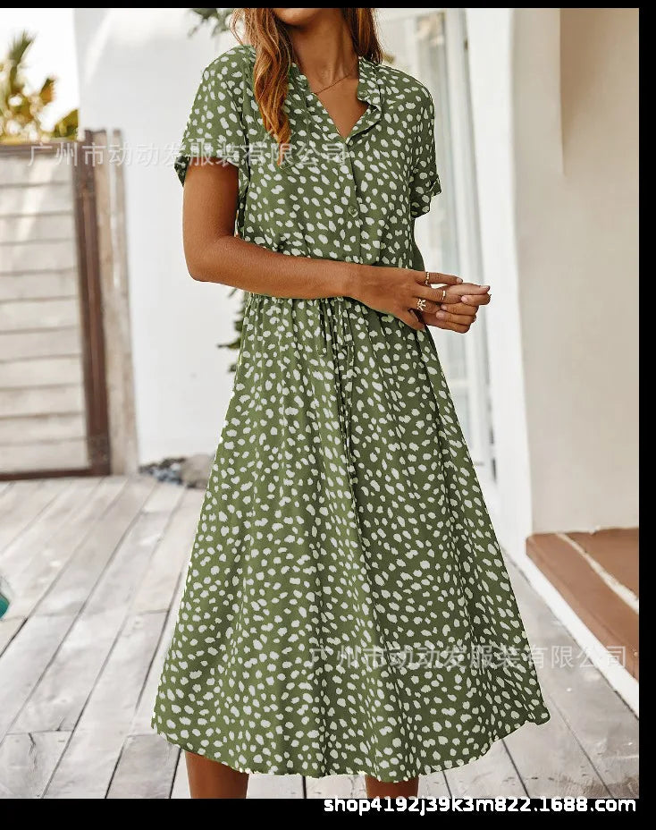 New Fashion Women's Polka Dot Print Short Sleeve Midi Dress Cotton Summer New Arrival Knee-Length Stand Collar Regular Waist