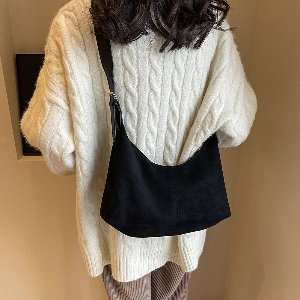 Vintage Handbag Purse for Women Suede Shoulder Bag Causal Crossbody Bags Female Luxury Designer Clutch Ladies Crescent Hobo Bag