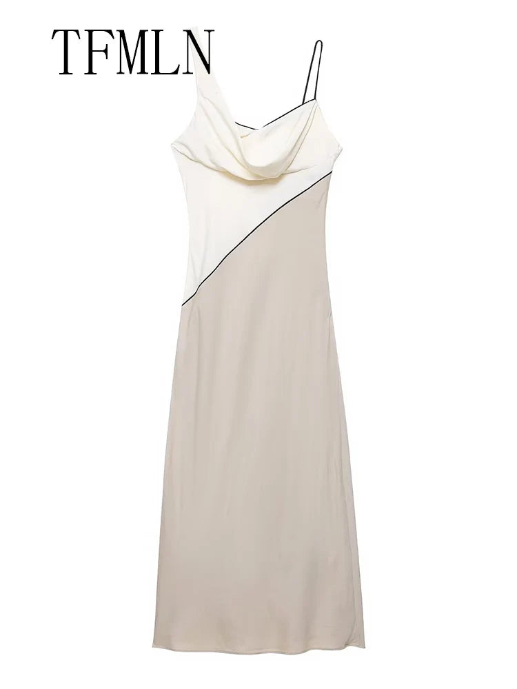 TFMLN Elegant Women Patchwork Slim Strap Dress 2025 Summer Pile Collar Sleeveless Beach Party Dress Sexy Asymmetrical Midi Dress