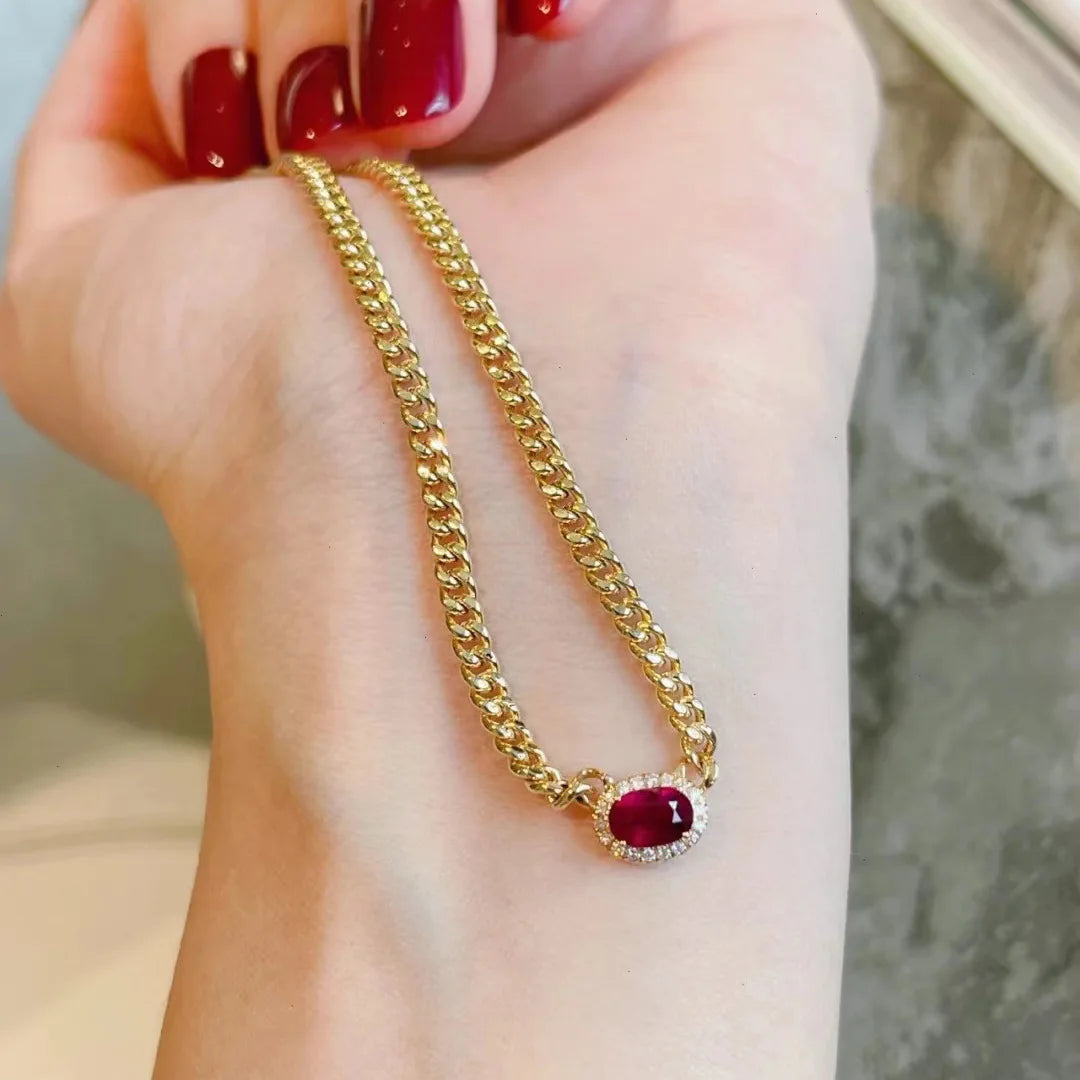 Luxury 14K Gold Plated 4MM Wide Snake Bone Chain Oval Ruby Gemstone Necklace for Women 925 Sterling Silver Fine Jewelry Gift