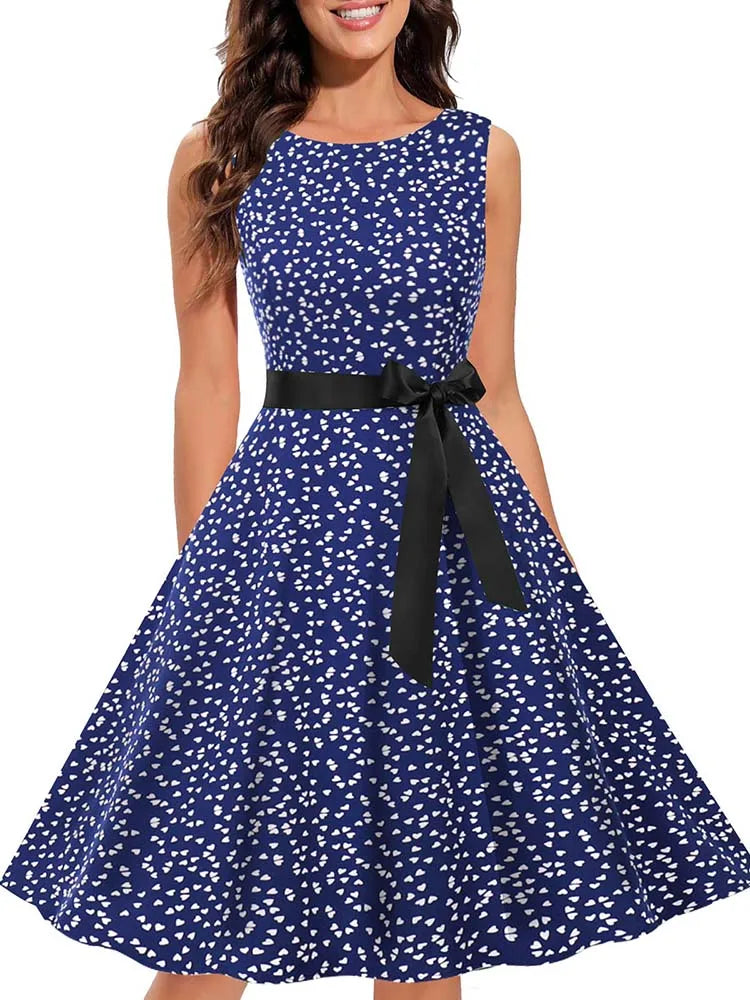 Sleeveless Floral Print Summer Dress Women Elegant Vintage Casual O Neck A Line Midi Party Sundress Vestidos With Belt