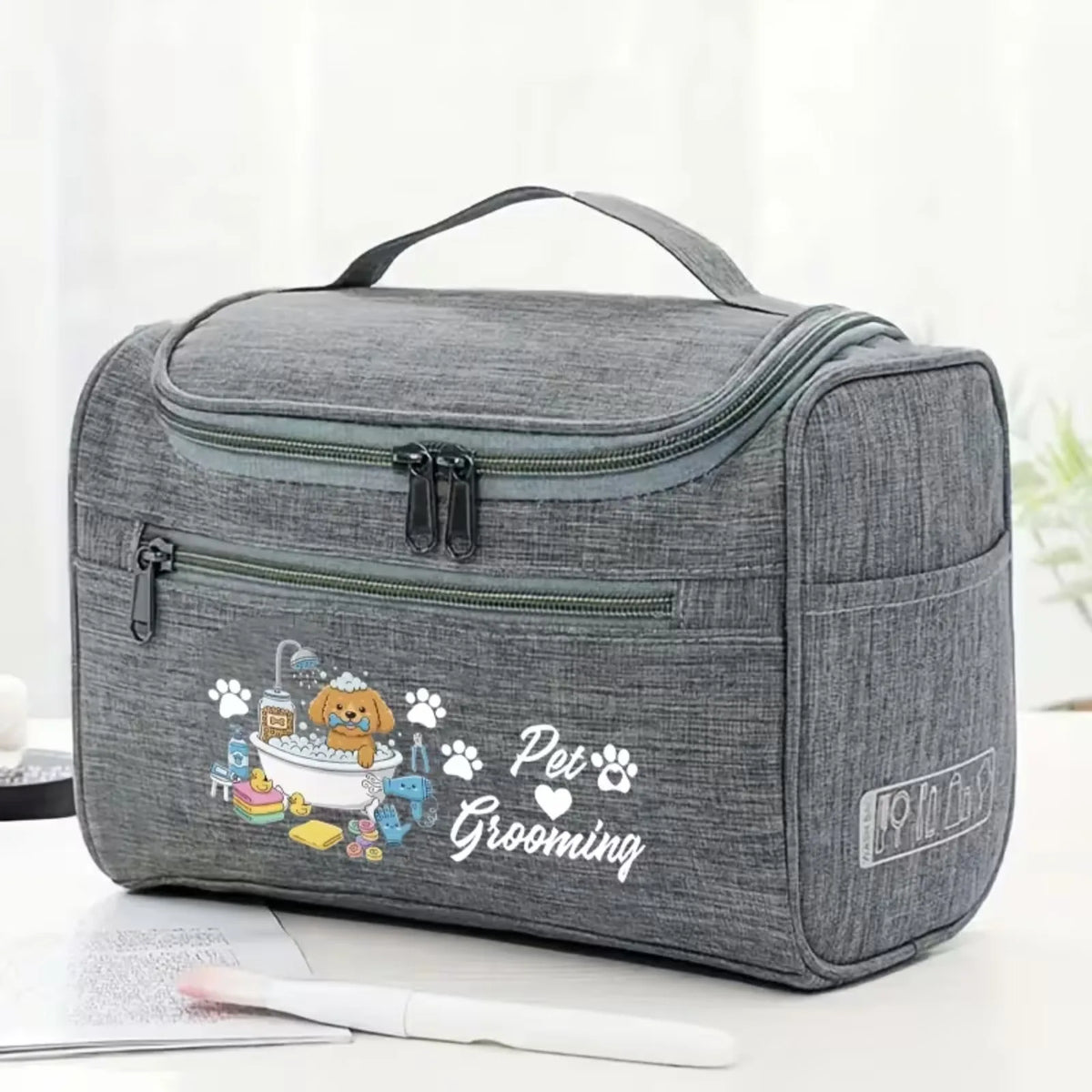 Pet Grooming Travel Storage Bag, Cute Dog Bath Print Pet Supply Organizer, Hanging Portable Grooming Accessory Pouch