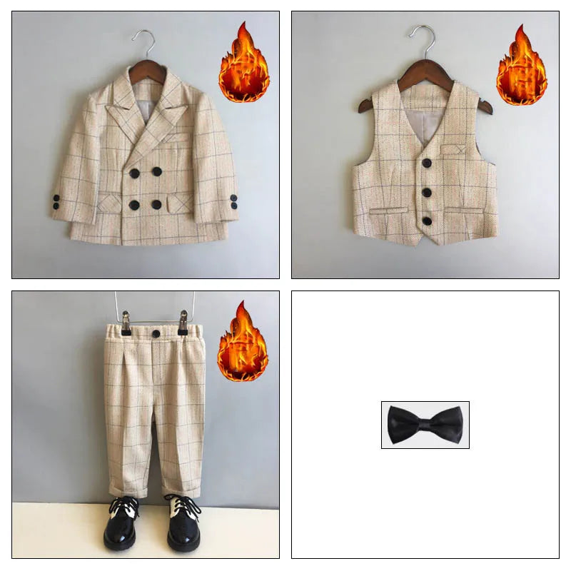 Autumn Winter Children Boys Formal Suit Kids Boys Wedding Suit 1-14Y Teenager Boy Blazer Vest Pant Suit Elegant Boys Kid Costume