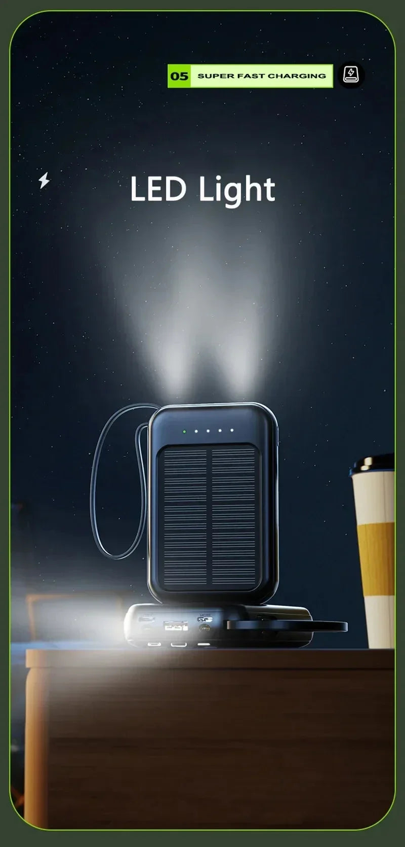 50000mAh High Capacity Solar Power Bank Built in Cable Solar Charger 2-USB Ports External Charger Power Bank LED Light 2026 New