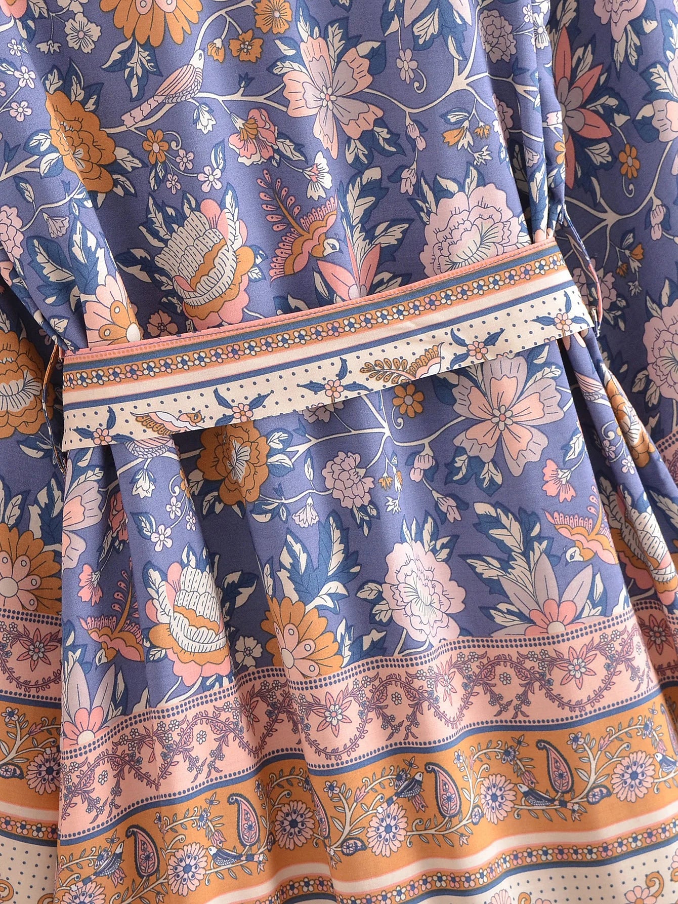 BOHO Women Blue With Pink Flower Print Kimono Shirt Holiday Tide Bow Sashes Mid Long Cardigan Summer Blouse Beach Cape