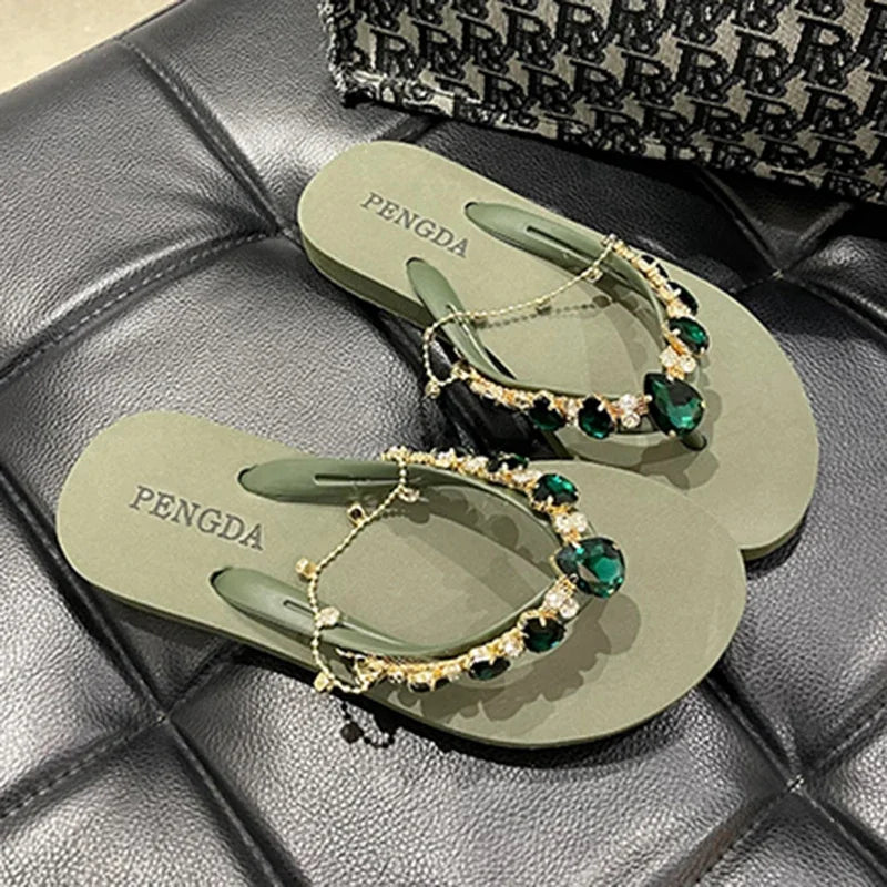 Rhinestone Chain Summer Flip Flops Sandals Women Comfortable Beach Shoes Non-slip Soft Bottom Casual 5cm Heels Wedges Slippers