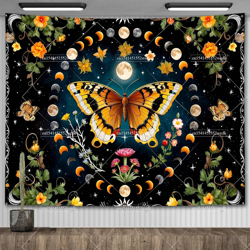 Psychedelic Bohemian Wall Tapestry For Living Room Moon Phase And Stars Tapestrys Butterfly Snake Tapestries Tarot Altar Cloths