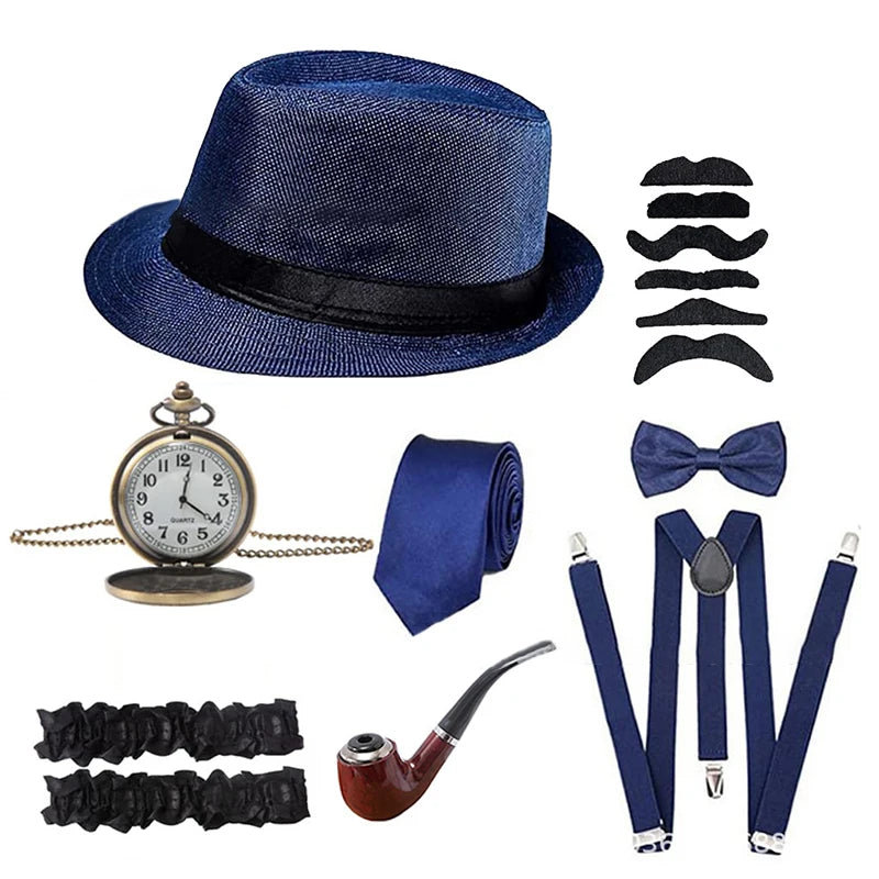 Halloween 1Set 1920's Cosplay Costume Hat Pocket Watch Neck Tie Moustache Bowtie Gatsby Masquerade Accessories