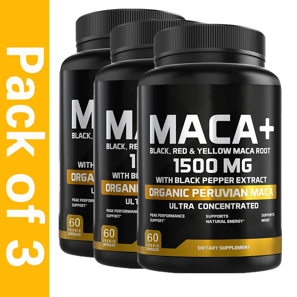 1500mg Organic Maca Root, Black, Red & Yellow - 60 Capsules - Black Maca Root Capsules for Men Supplement - Non-GMO, Gluten-Free
