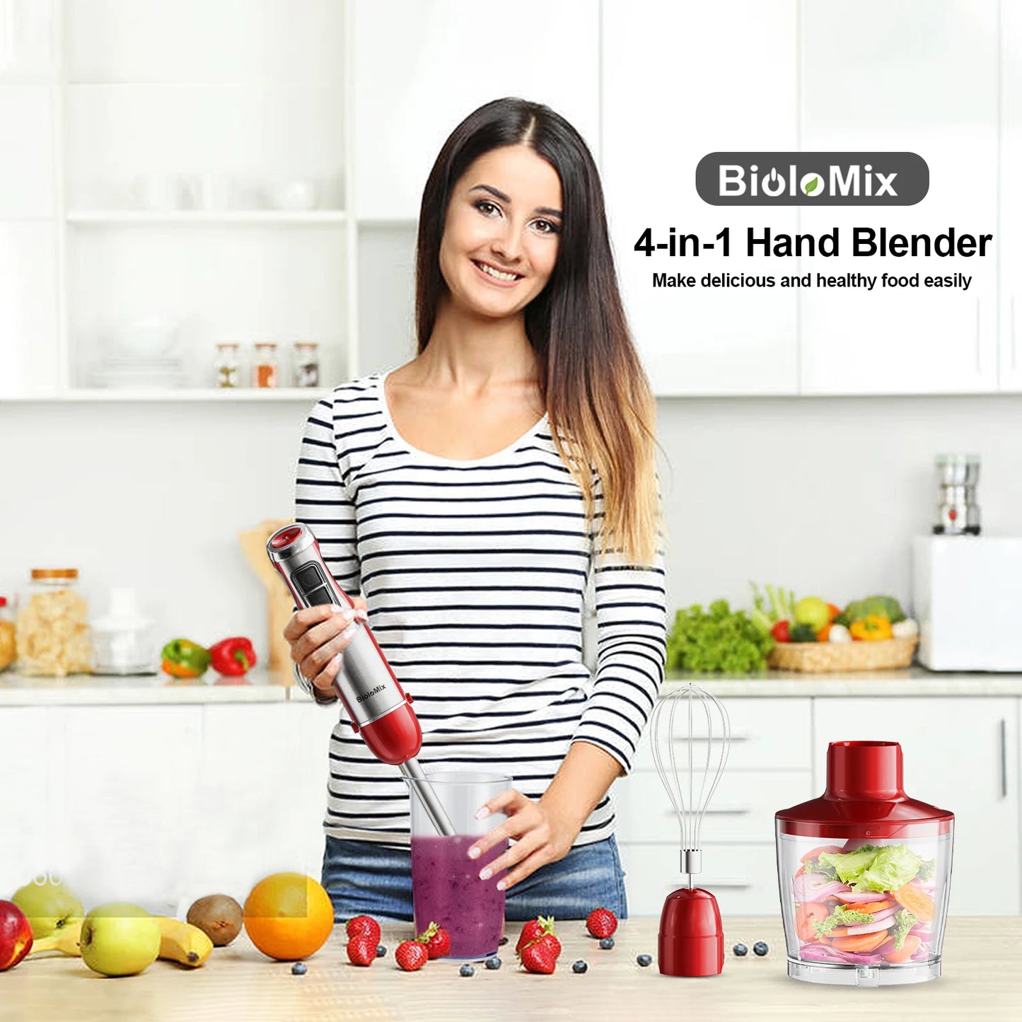 BioloMix 4-in-1 Hand Stick Blender 1200W Stainless Steel Immersion Mixer Chopper Smoothie Cup Ice Blades for Baby Food