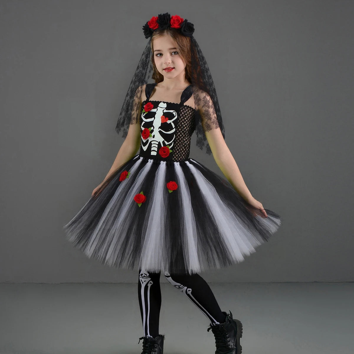 Girls Scary Skeleton Halloween Costume for Kids Zombie Corpse Bride Tutu Dress Children Day of The Dead Rose Bone Ghost Dress Up