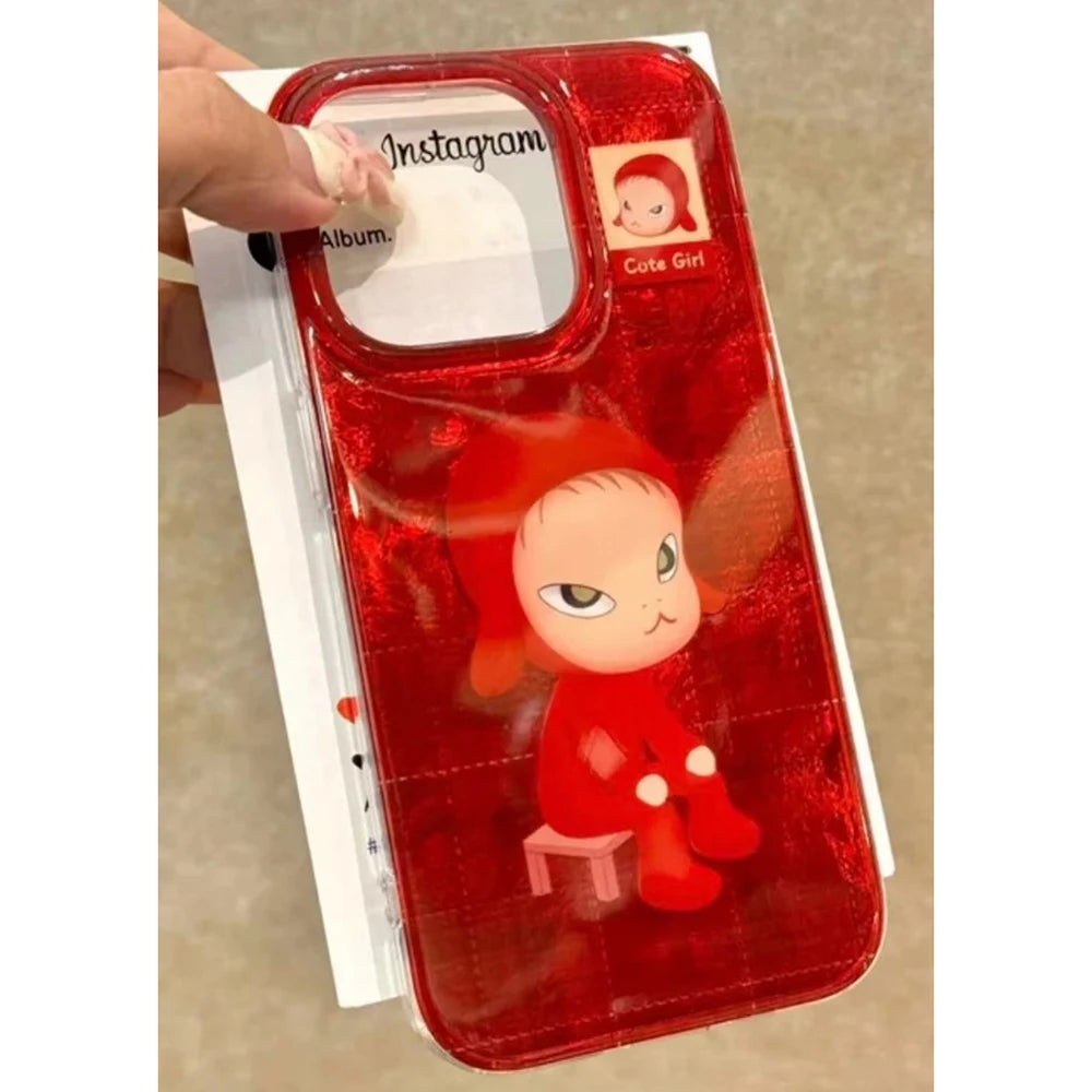 Advanced Red Background Sitting Girl Illustration Case for iPhone 16 15 14 13 12 11 Pro Max X Xs XR XSMax 8 Plus Feather Texture