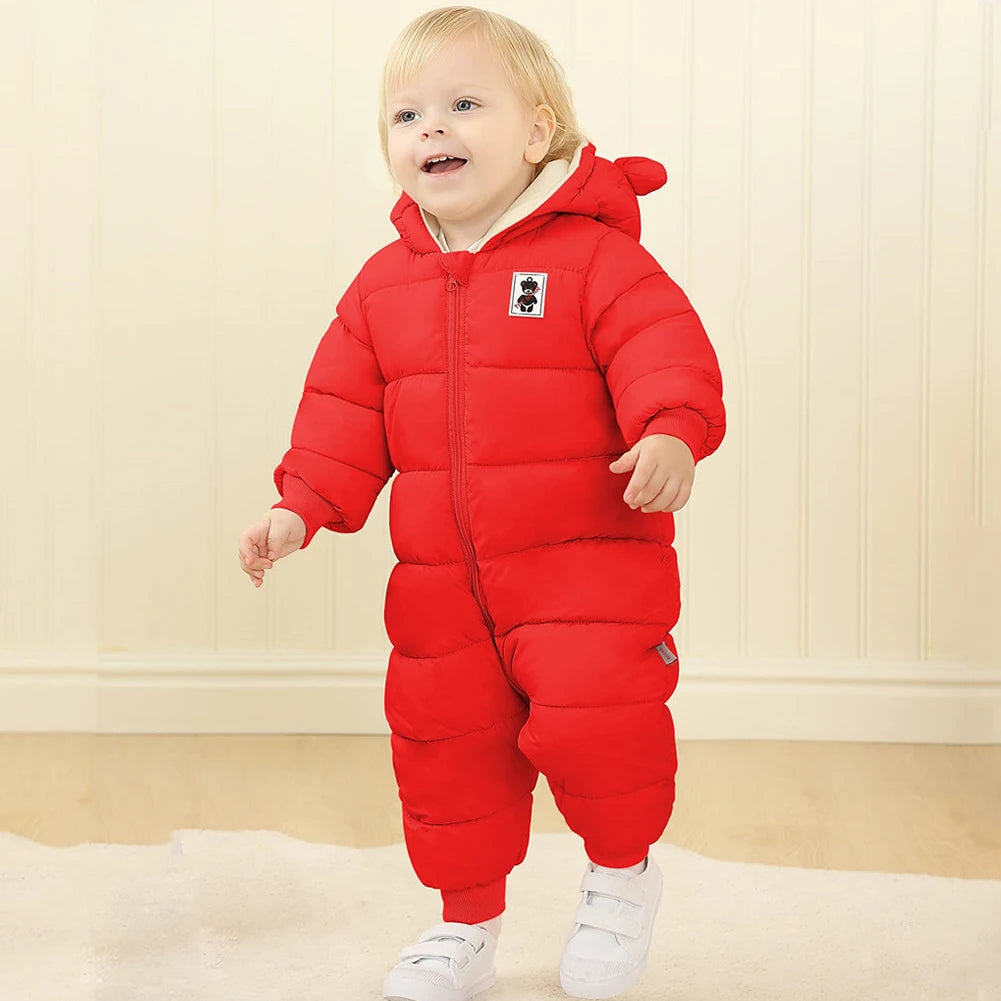 Toddlers Thick Snowsuit,Newborns Fleece Romper with Hood,Boys Girls Ski Wear,Warm Down Jumpsuit,Kids Winter Jumpsuit for 6-24M
