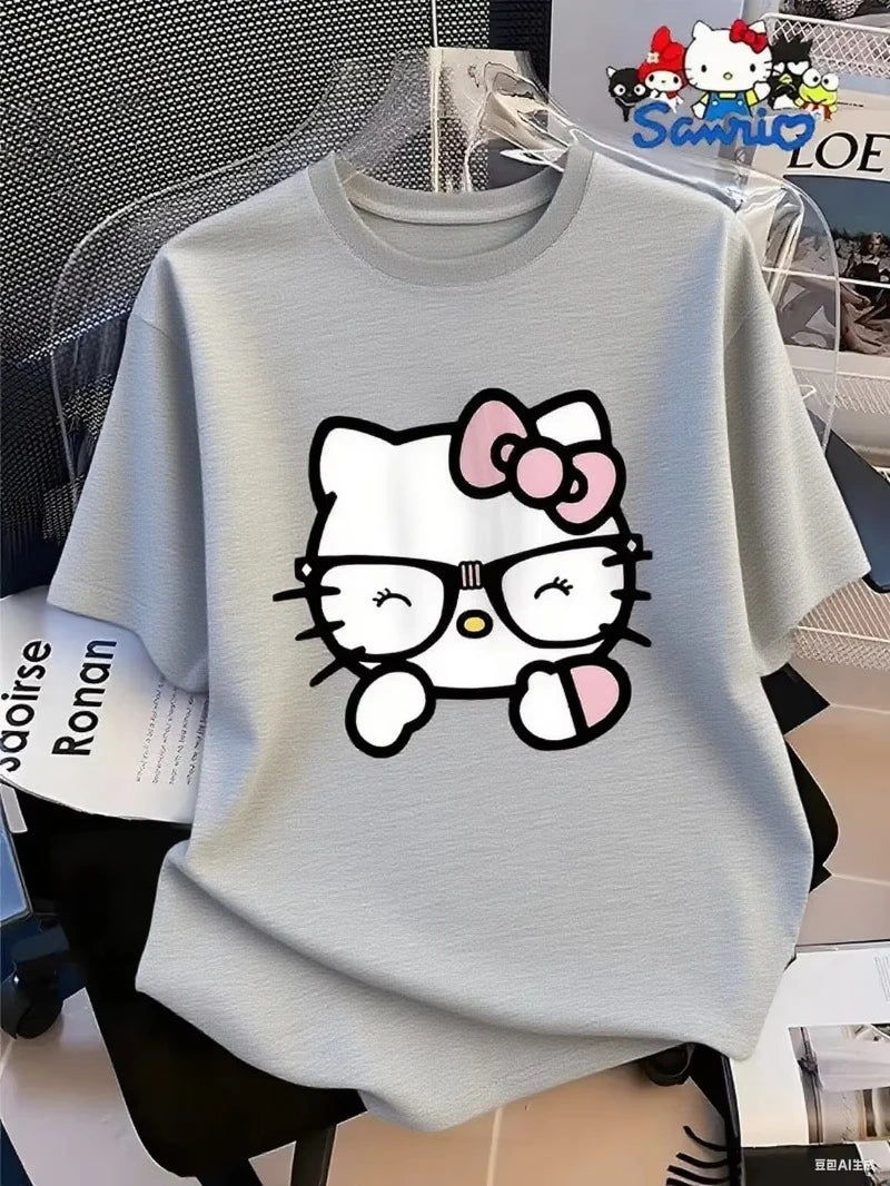 MINISO Cotton T Shirt with Hello Kitty in Glasses Graphic Sweet and Nerdy Style Trendy Printed Brand Cotton T-shirt Short Sleeve