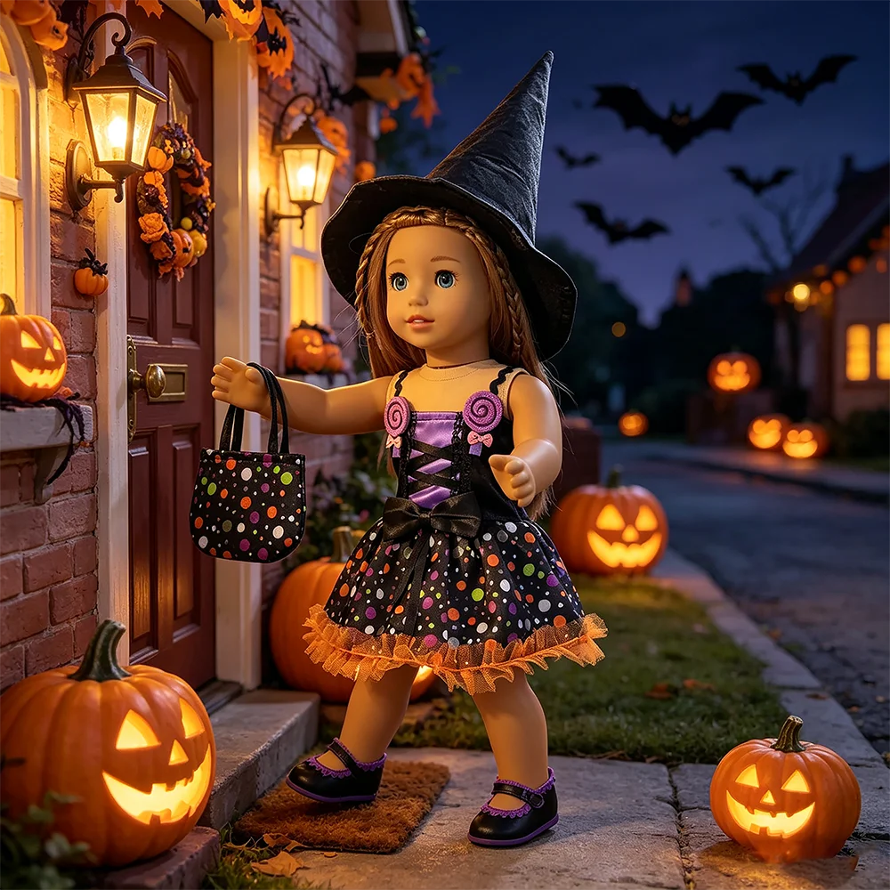 Halloween Doll Costume Outfit Suitable for 18 Inch Dolls. Doll Holiday Costume Set with Three Pieces and Doll Accessories