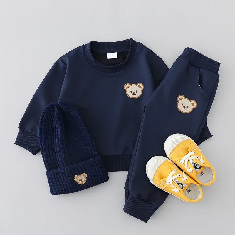 2PCS Children's Set Spring and Autumn Simple Little Bear Head Round Neck Long Sleeve Pants Outdoor Set for Young Children