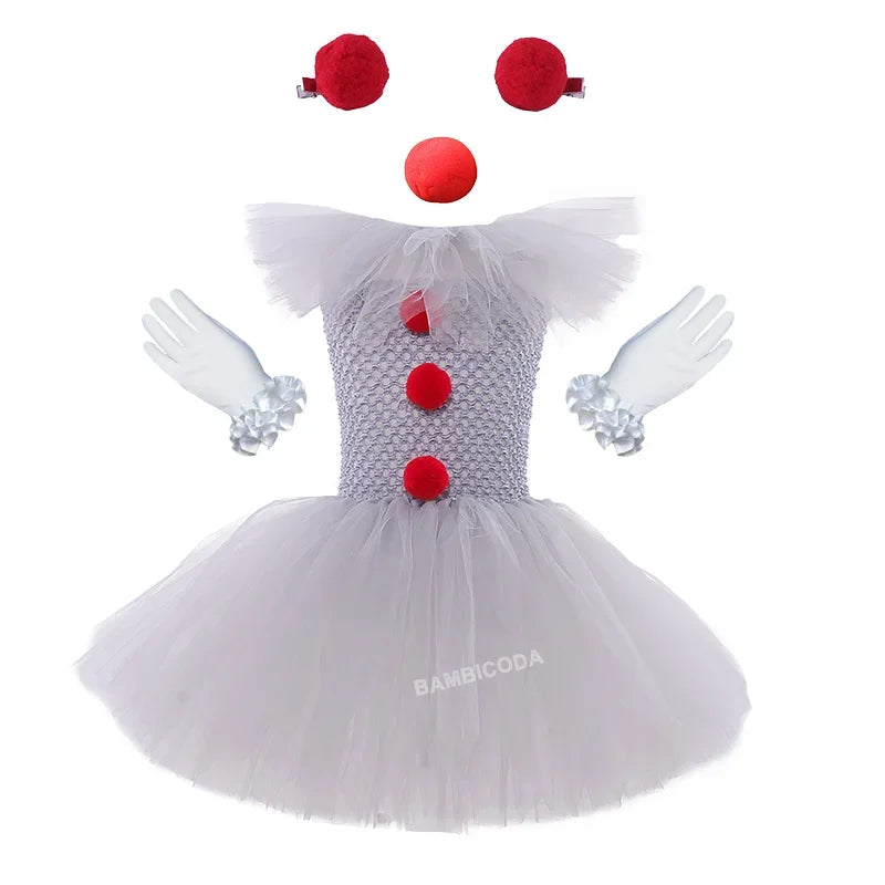 Halloween Pennywise Costume Creepy Clown Gray Tutu Dress Outfit Girls Fancy Carnival Party Tulle Dresses Joker Clothes