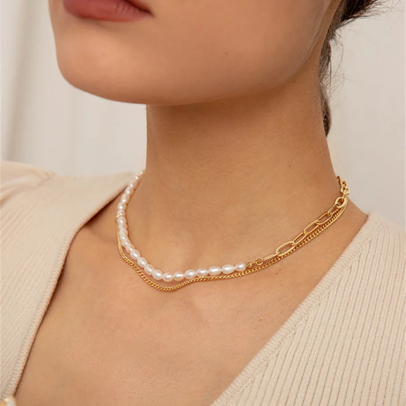 Fashion Splicing Chain Necklaces White Imitation Pearl Choker Necklace For Women Trend Elegant Jewelry Wedding Gifts