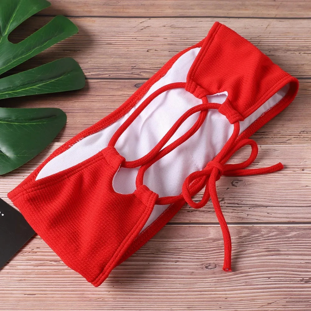 Solid Color Strapless Bikini Set Backless Sexy Swimsuit High Waist Adjustable Women Swimwear Summer