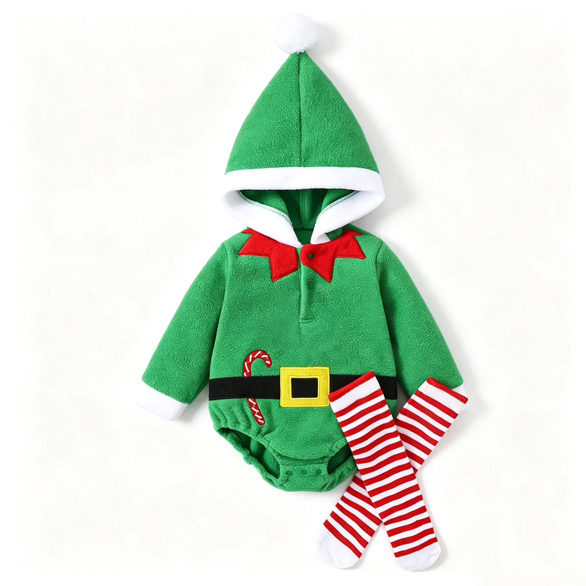 IURNXB Baby Hooded Green Fleece Bodysuit Infant Christmas Elf Costume Set Newborn Santa Elf Outfits for Xmas Party 1-18M