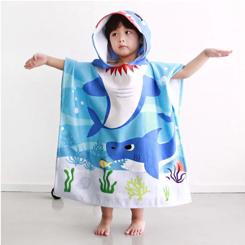60-120cm Kids Hooded Bath Beach Poncho Towels Baby Quick Dry Bathrobe Child Cartoon Cloak Poncho Towels Microfiber Swim Cover-up
