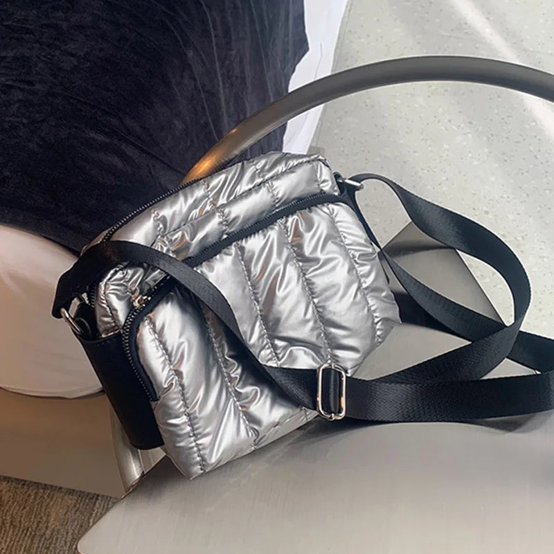 Luxury Space Cotton Shoulder Bags For Women 2021 Winter Crossbody Down Bag Designer Handbag Wide Shoulder Strap Messenger Pack가방