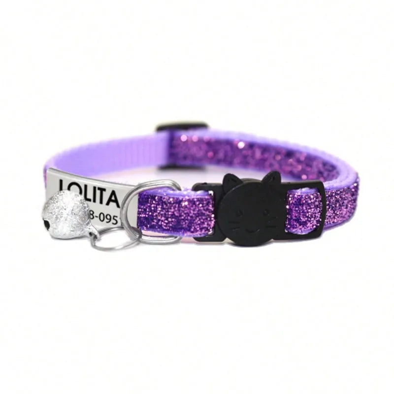 Customized Glitter Cat Collar with ID Tag Safe Breakaway Cats Collars Quick Release Cute Necklace Free Engrave For Cats Kitten