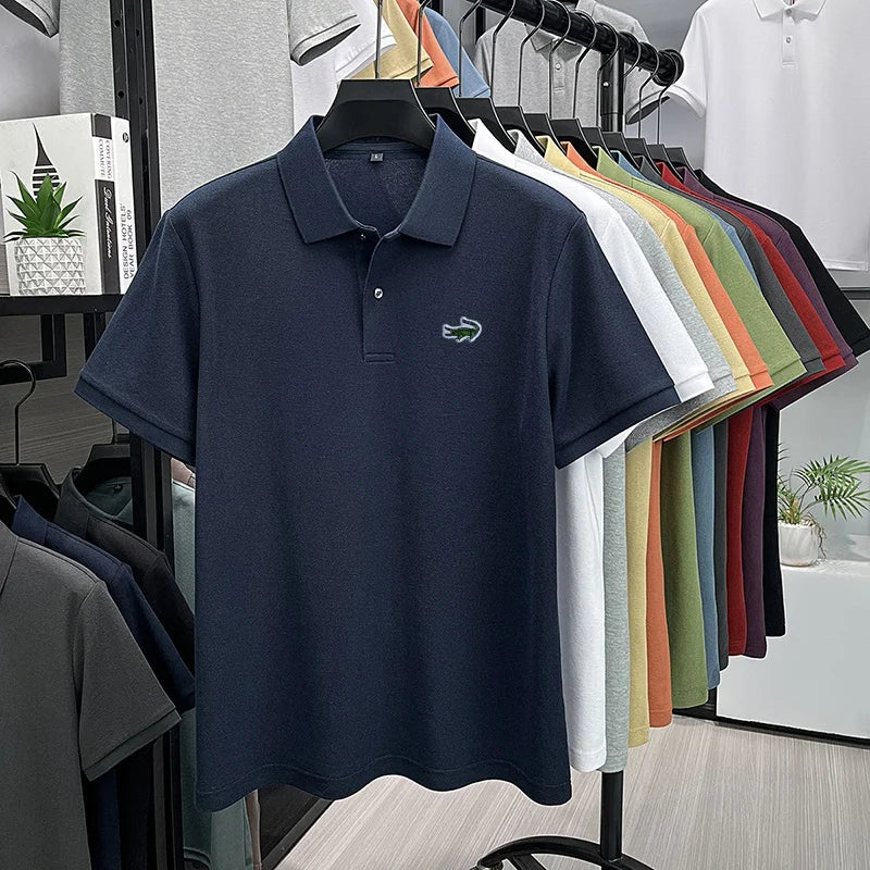 100% Cotton High-End Men New Short-Sleeved Polo Shirt Lapel Button Embroidery British Style Fashion Snug Hot-Selling Men's Wear
