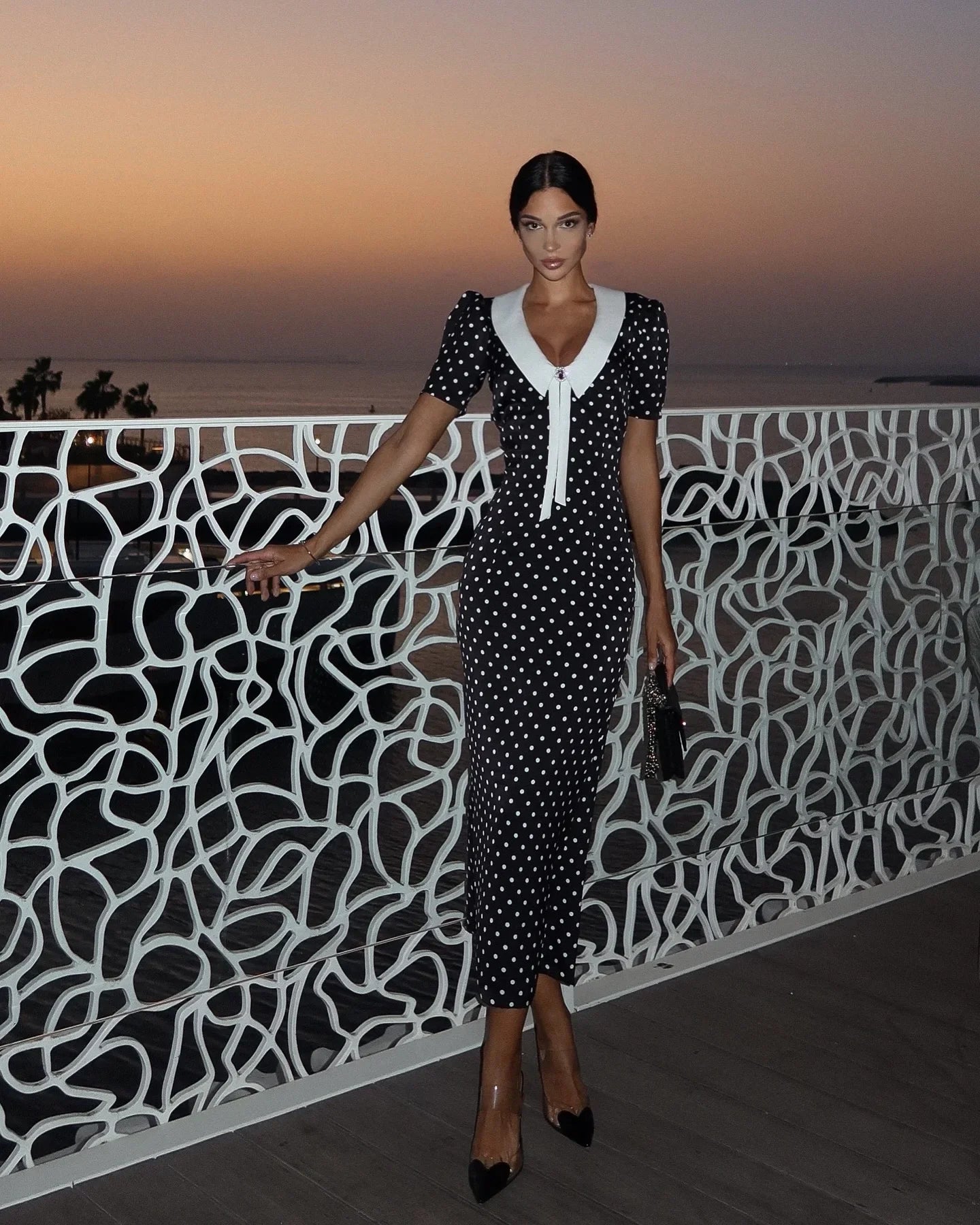 Polka Dot Printed Maxi Dress Women Fashion Chic Puff Sleeve Patchwork High Waist Slim Robes 2025 Elegant Party Long Dress Gowns