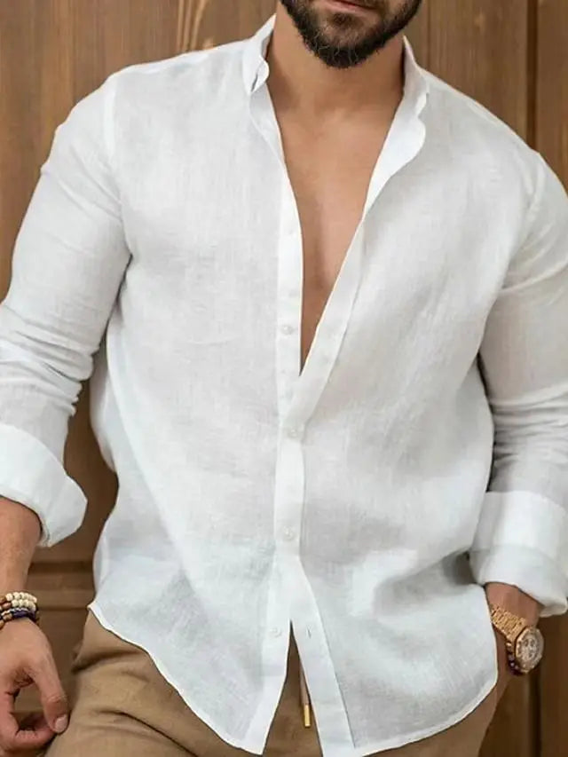 Cotton Linen Shirt for Men Summer Solid Color Lapel Lightweight Breathable Tops Men's Loose Casual Long Sleeve Beach Shirt