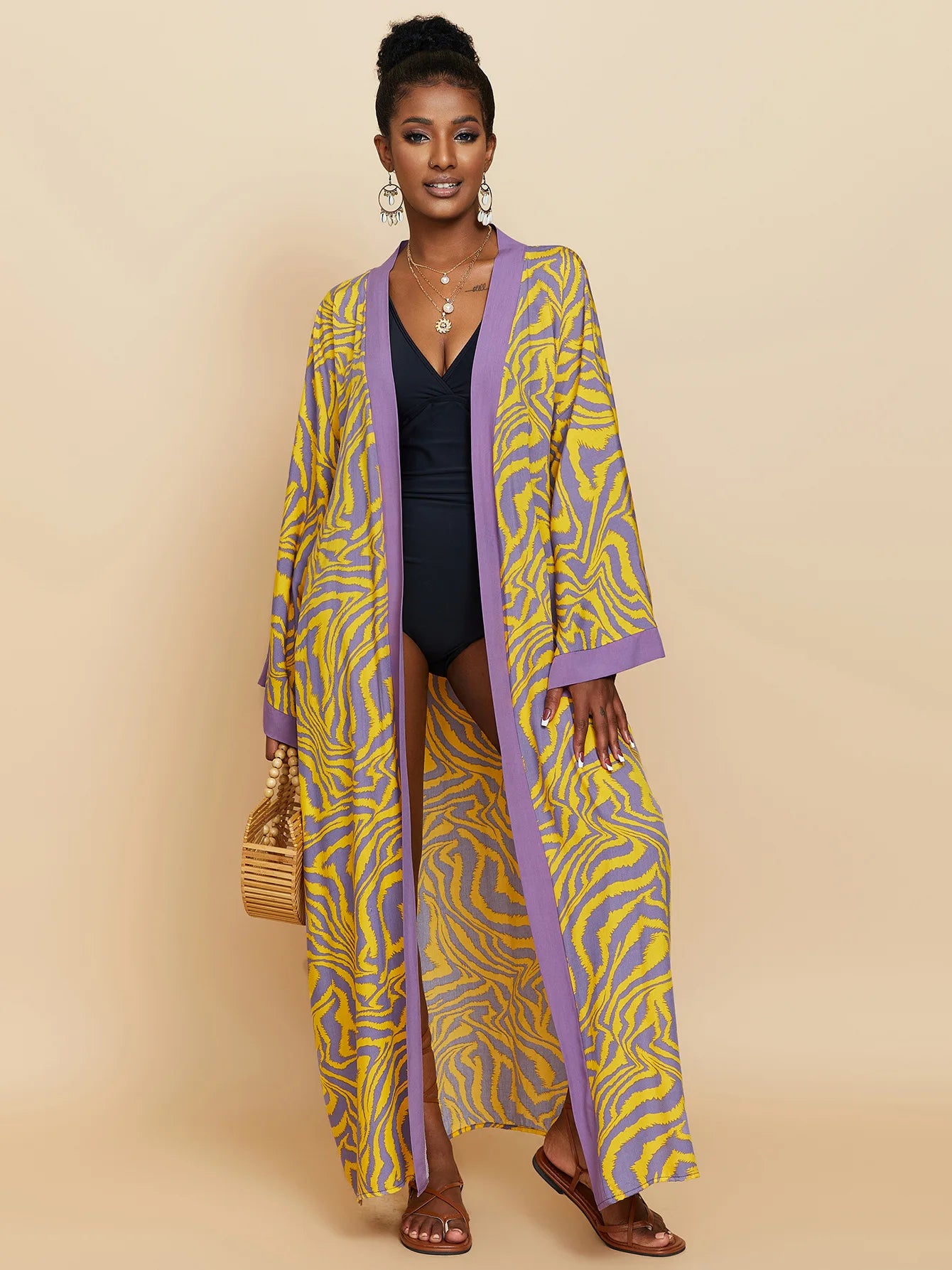 Zebra Beach Cover Ups for Women Long Sleeve Kimono Dress Self Belted Rayon Elegant Pareo 2023 Bathing Suits Holiday Beachwear