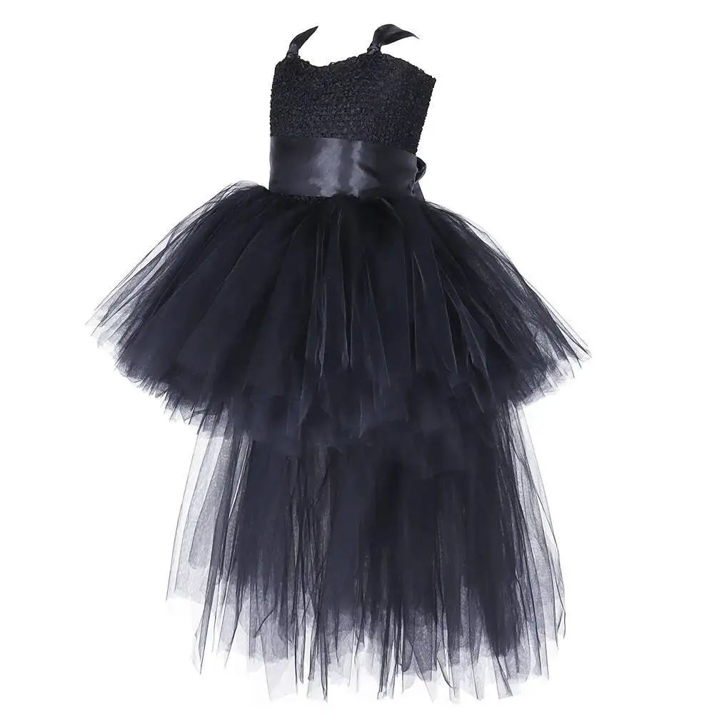 Dark Witch Halloween Costumes for Girls Black Devil Angel Fancy Trailing Dress with Feather Wings Bat Horns Kids High Low Outfit